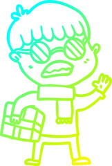 cold gradient line drawing cartoon boy holding gift and wearing spectacles