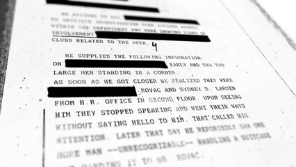 Top secret file with sensitive information is erased and censored by black lines. Classified leaked text memo or report is sanitized and is hidden. Forbidden to be seen by public eye. Government file - Powered by Adobe