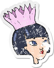 retro distressed sticker of a cartoon woman wearing paper crown