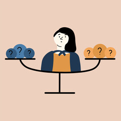 The girl is trying to make a balanced decision. Concept of choice. Vector illustration in flat style