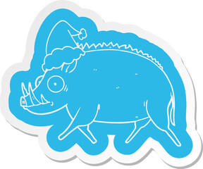 cartoon  sticker of a wild boar wearing santa hat