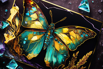 Light Blue Butterfly Diamond Gold Style Art - Butterfly Diamond Backgrounds Series - Light Blue Butterfly Golden wallpaper texture created with Generative AI technology