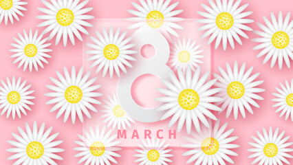 Fototapeta na wymiar International women's day banner. White daisy flowers and white digit