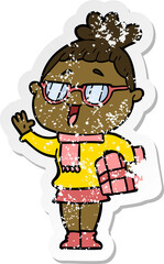 distressed sticker of a cartoon happy woman wearing spectacles