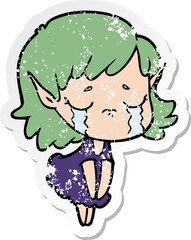 distressed sticker of a cartoon crying elf girl