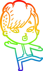 rainbow gradient line drawing cartoon surprised girl in science fiction clothes
