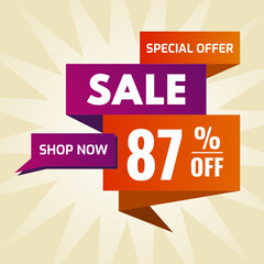 special offer sale buy now 87 percent off purple and orange
