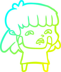 cold gradient line drawing cartoon worried woman