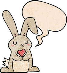 cartoon rabbit in love and speech bubble in retro texture style