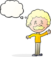 cartoon man with mustache waving with thought bubble