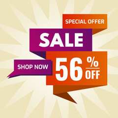 special offer sale buy now 56 percent off purple and orange
