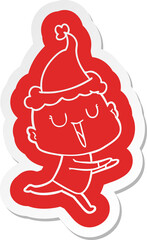 happy cartoon  sticker of a bald man wearing santa hat