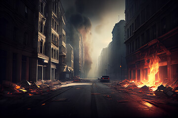Post-apocalyptic burnt out street in a city. generative AI