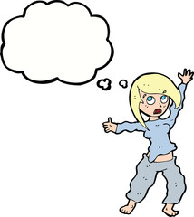 cartoon frightened woman with thought bubble