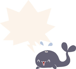 cartoon happy whale and speech bubble in retro style