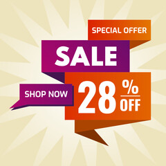 special offer sale buy now 28 percent off purple and orange
