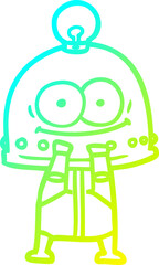 cold gradient line drawing happy carton robot with light bulb