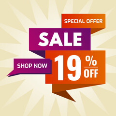 special offer sale buy now 19 percent off purple and orange
