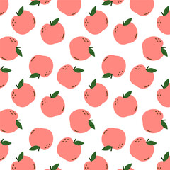 Peach and Heart pattern background. Doodle peach with leaves icon. Peach fruit in shape of heart isolated on white background. Farm, natural food, fresh fruits.