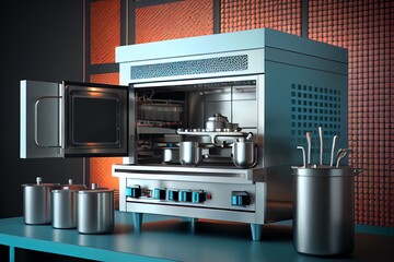 Restaurant equipment. Modern industrial kitchen. 3d illustration. Generative AI