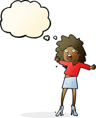 cartoon woman having trouble walking in heels with thought bubble