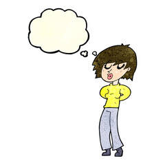 cartoon woman whistling with thought bubble