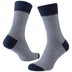 A pair of blue voluminous socks with white stripes, on a white background