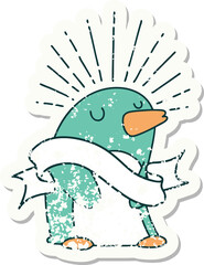 grunge sticker of tattoo style happy penguin