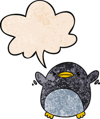 cute cartoon penguin flapping wings and speech bubble in retro texture style