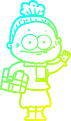 cold gradient line drawing cartoon happy old woman