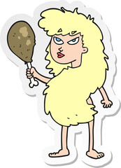 sticker of a cartoon cavewoman with meat