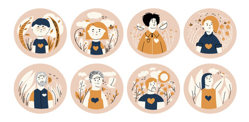 The concept of mental health. A set of stickers with people in nature experiencing positive emotions. Different characters with a healthy psyche.