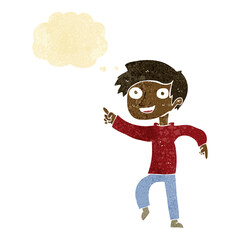 cartoon happy boy pointing with thought bubble
