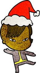 cute textured cartoon of a girl with hipster haircut wearing santa hat
