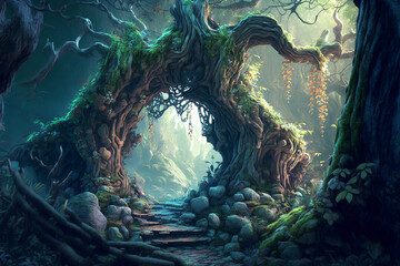 Fantasy forest path and arch scene AI Generative	