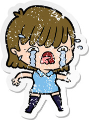 distressed sticker of a cartoon girl crying