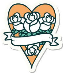 tattoo style sticker of a heart and banner with flowers