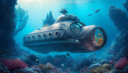 Fototapeta premium Illustration of a fantasy submarine. Generative AI.