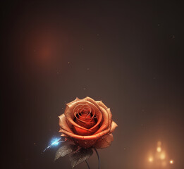 Golden rose flower with sparks in front of black background. Generative AI.