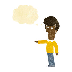 cartoon man blaming with thought bubble