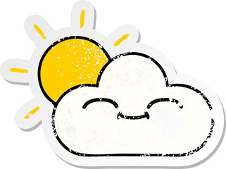 distressed sticker of a cute cartoon sunshine and cloud