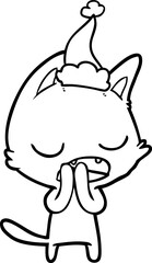 talking cat line drawing of a wearing santa hat