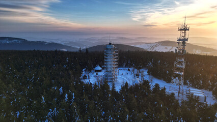 Aerial view of Wielka Sowa (Great Owl) during sunset - highest peak of the Owl Mountains in Central Sudetes, Poland