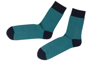 Pair of dark blue socks with turquoise stripes, on a white background, flat lay, isolate