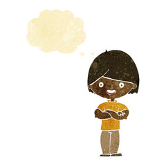 cartoon man with crossed arms with thought bubble