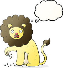 thought bubble cartoon lion with thorn in foot