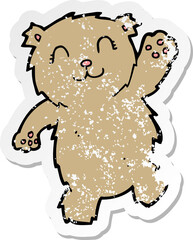 retro distressed sticker of a cartoon waving teddy bear