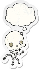 cartoon skeleton and thought bubble as a distressed worn sticker