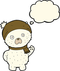 cartoon cute polar bear in winter hat and scarf with thought bubble