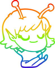 rainbow gradient line drawing smiling alien girl cartoon sitting